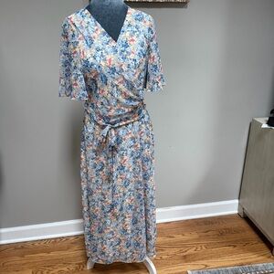 Ralph Lauren Midi Wrap Dress 8 Blue Georgette Floral Belted Chiffon Flounce